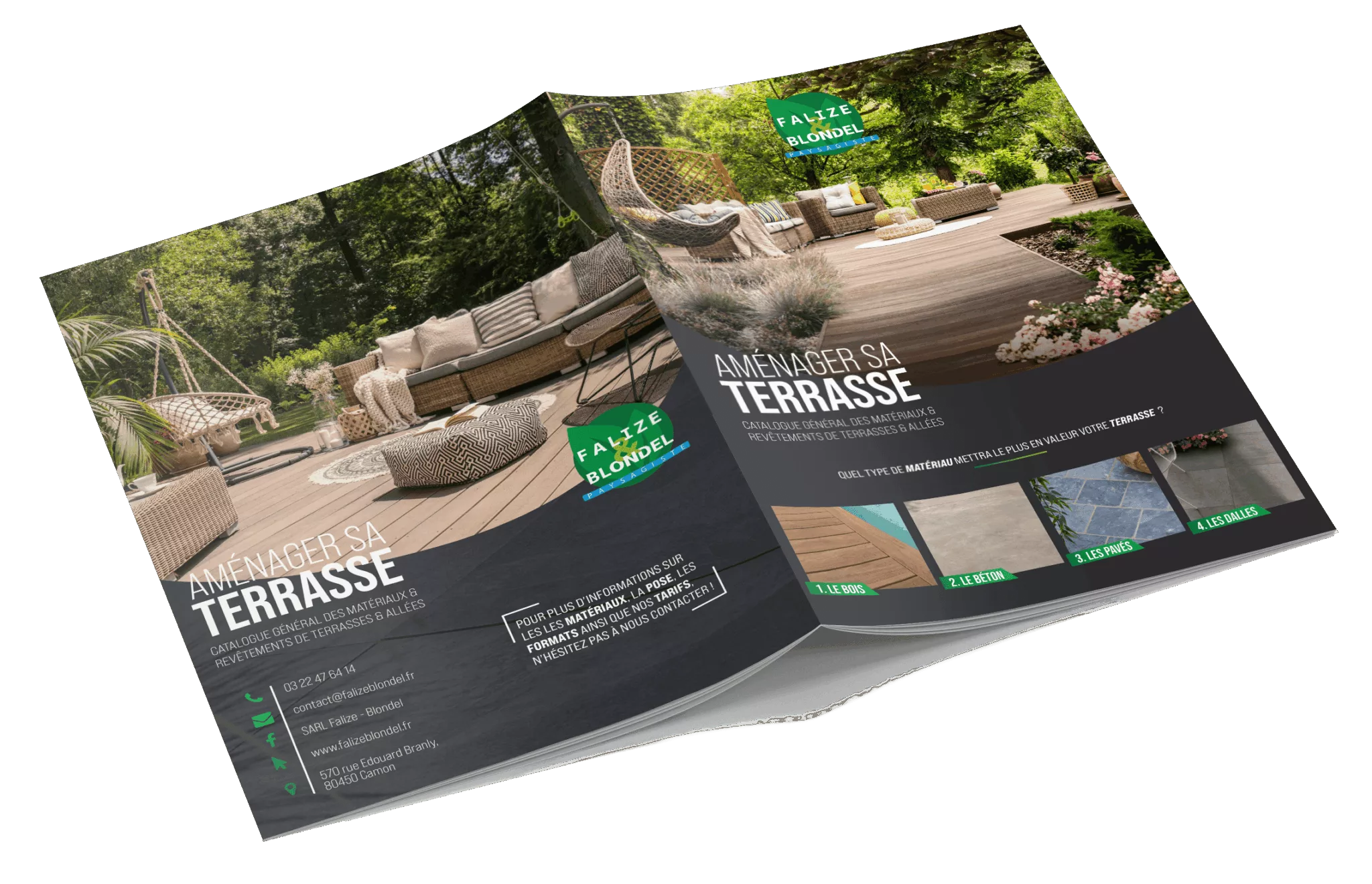 Magazine ouvert présentant des meubles de terrasse et des idées de revêtement de sol, avec de la verdure en arrière-plan et le texte français "Aménager sa Terrasse". Différents revêtements de sol pour terrasses sont présentés en bas, comme on peut le voir dans les catalogues de décoration. falize et blondel