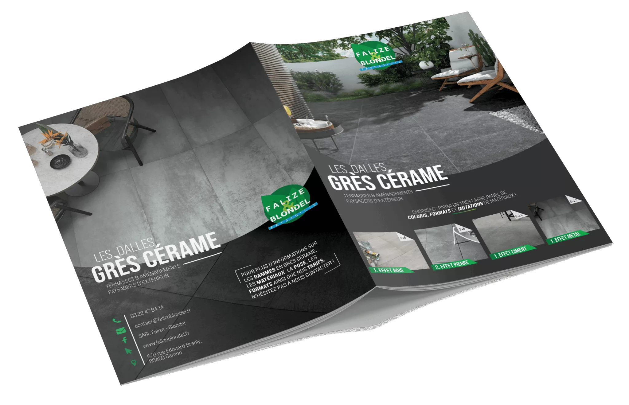 Un magazine ouvert présente un patio moderne avec de grands carreaux de céramique gris, une table et des chaises, ainsi que les détails du produit "Les Dalles Grès Cérame". Les options de couleur et de texture sont affichées au bas de la page. falize et blondel